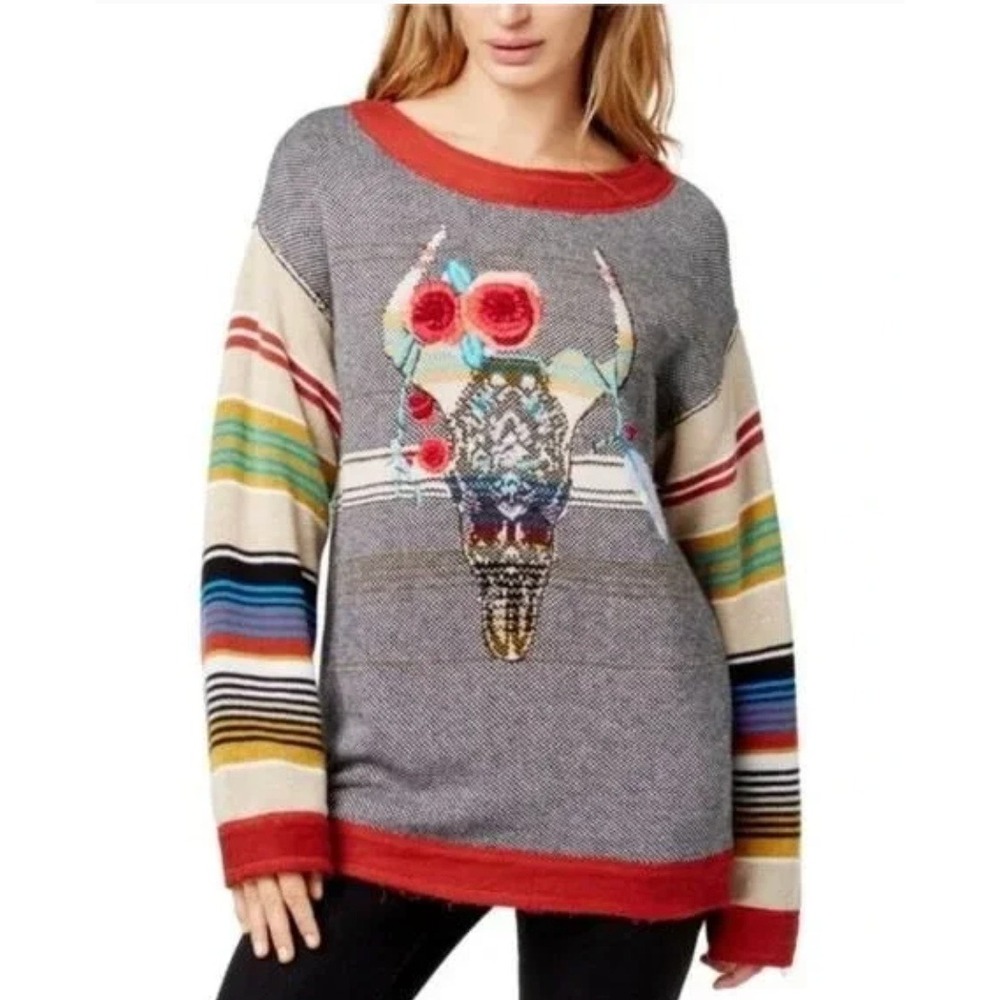 Free People Desert Rose Longhorn Embroidered Skull Oversized Wool Sweater Size S